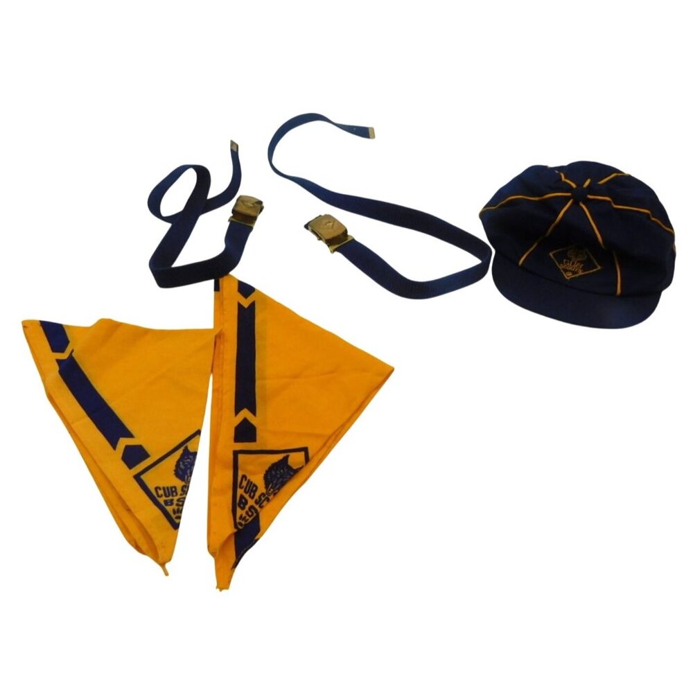 Vintage Boy Cub Scouts Accessories Blue Hat Cap Belts Neckerchief 1960s